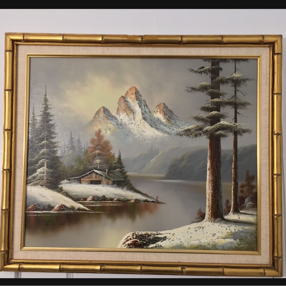 Richard Shelton Oil Painting Of Snowy Mountain Valley landScape CABIN On Lake